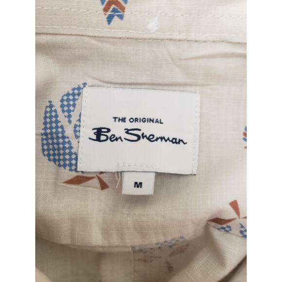 Ben Sherman Shirt Men’s Medium Beige w Blue Floral Print Short Sleeve Cotton # - Picture 6 of 10